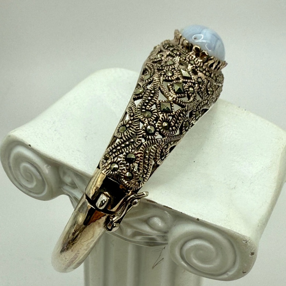 Vintage Sterling Silver Marcasite & Blue Lace Agate Hinged Bangle Bracelet 6.5-7 - Picture 17 of 17